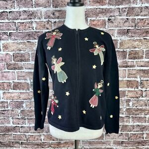 Talbots Y2K Black Zip Cardigan Sweater Angels‎ Stars Applique Women's Size S